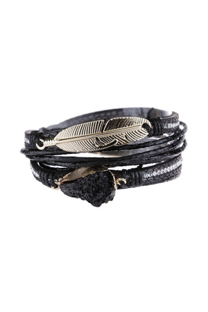 Feather Druzy Leather Wrap Magnetic Bracelet