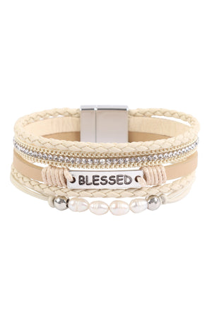 Hdb3186 - "Blessed" Multi Line Leather With Magnetic Lock Bracelet