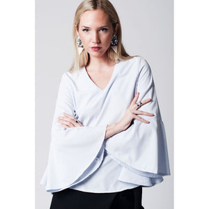 Blue pinstripe top with fluted sleeves