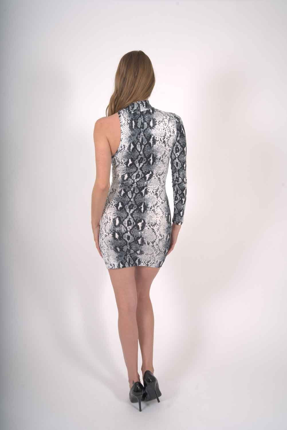 Reeves One-Sleeve Snake Print Mini Dress