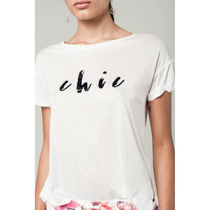 White t-shirt with glitter text message