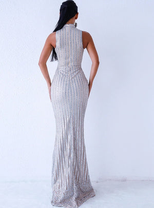 Silver Sleeveless Evening Gown