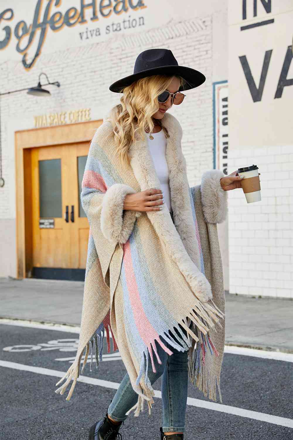 Color Block Fringe Detail Poncho