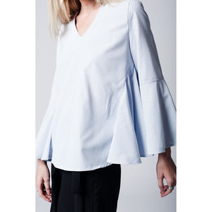 Blue pinstripe top with fluted sleeves