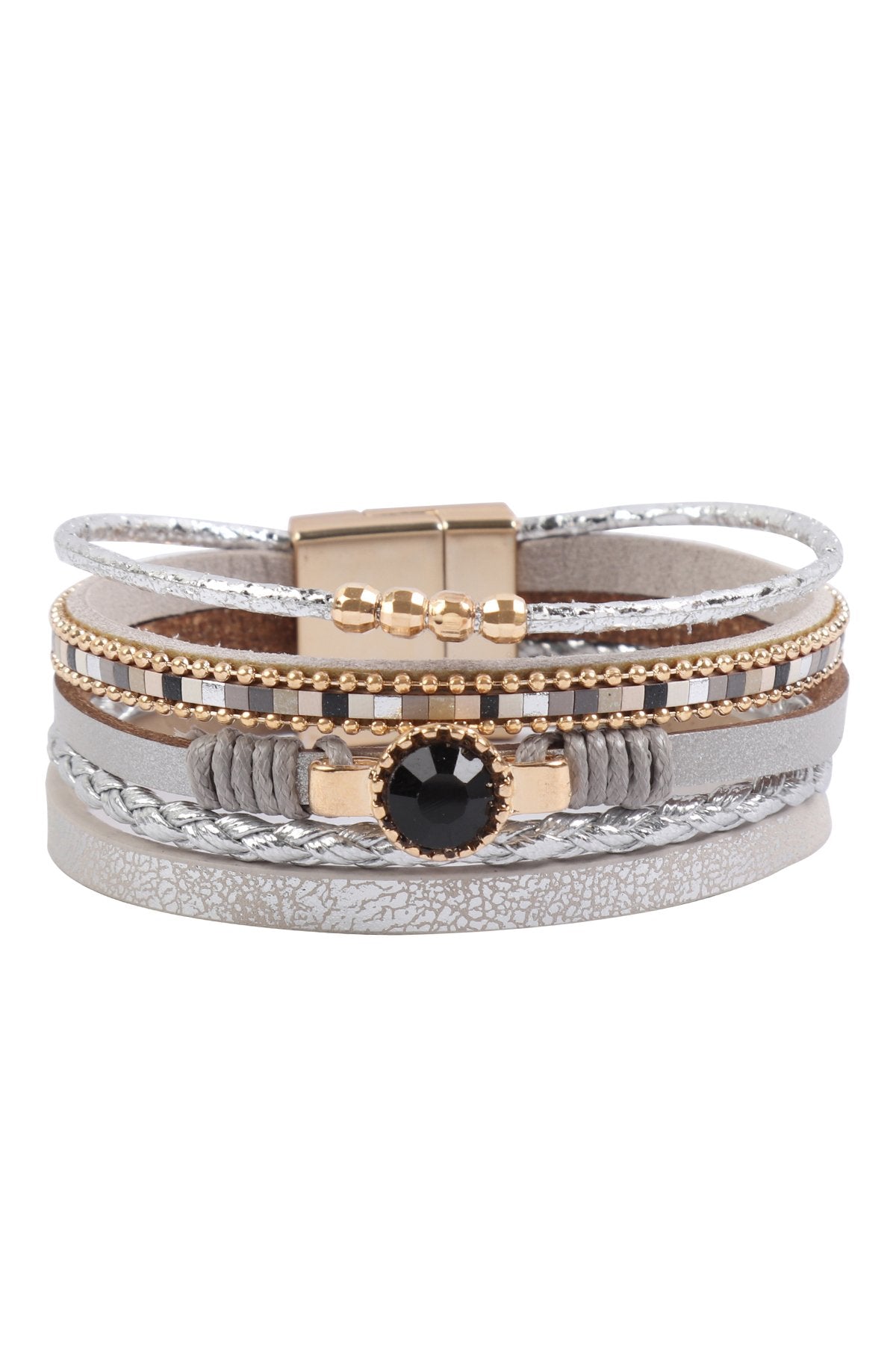Hdb3157 - Multi Line Leather Charm With Magnetic Lock Bracelet