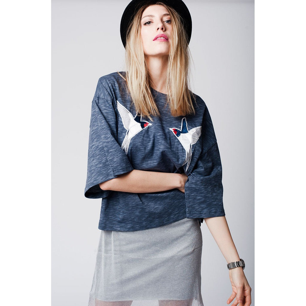 Dark grey top with Bird Embroidery on the front