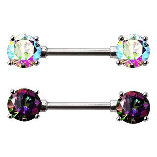 Pair 316L Stainless Steel Prong Set Iridescent Cubic Nipple Bar