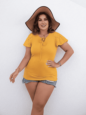 Plus Size Round Neck Blouse with Tie