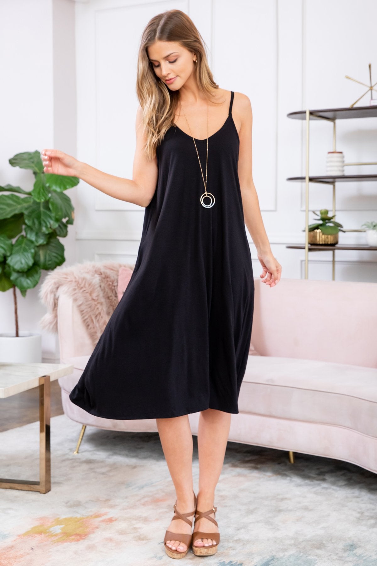 Premium Fabric V-Neck Cami Knee Length Dress