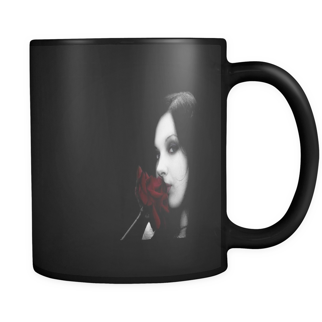 Gothic beauty kisses a rose double sided 11 ounce black mug