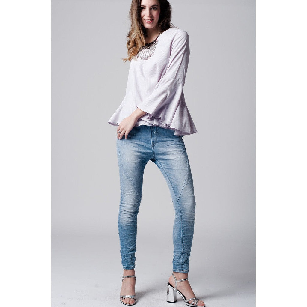 Red pinstripe top with fluted sleeves