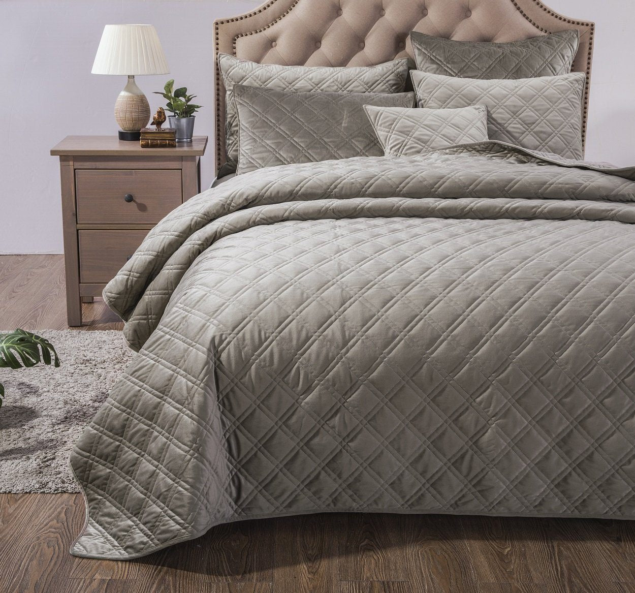 DaDa Bedding Velveteen Double Sided Quilted Coverlet Bedspread Set, Taupe Grey (JHW831)