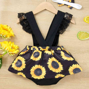 Sunflower Print Spliced Lace Bodysuit Dress