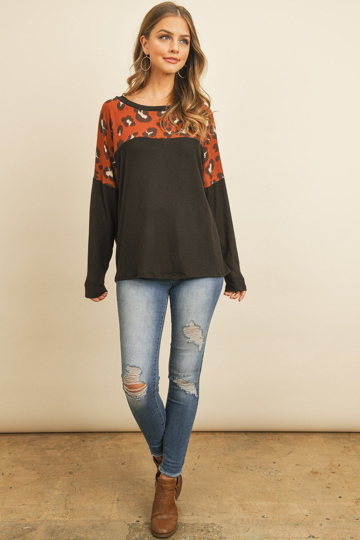 Long Sleeve Leopard Contrast Hacci Brushed Top