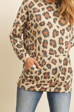 Kangaroo Pocket Long Sleeve Leopard Top