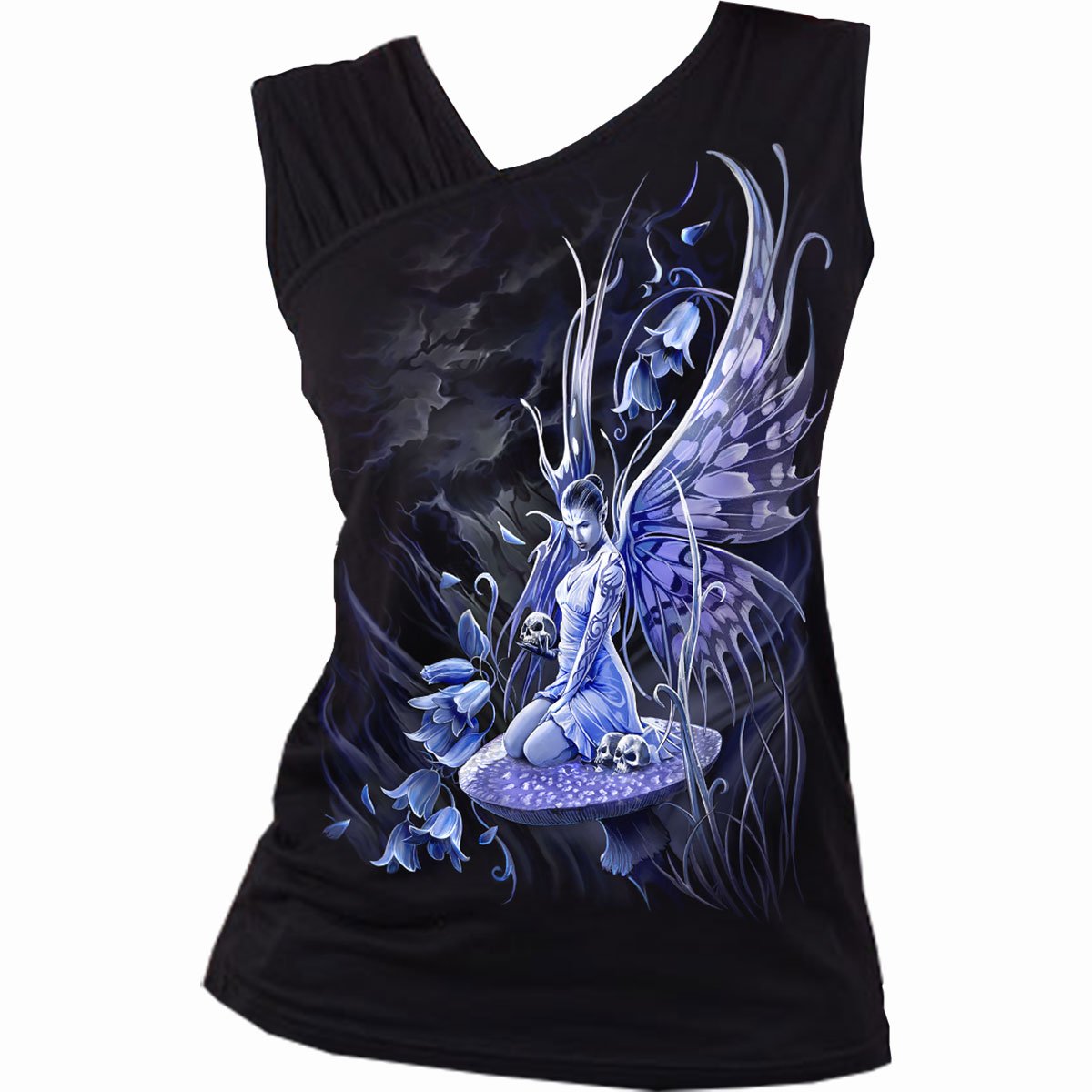 Spiral direct bluebell fairy womens Gathered Shoulder Slant Vest Black gothic