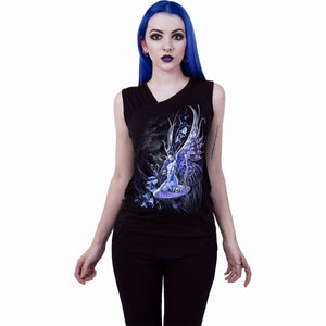 Spiral direct bluebell fairy womens Gathered Shoulder Slant Vest Black gothic