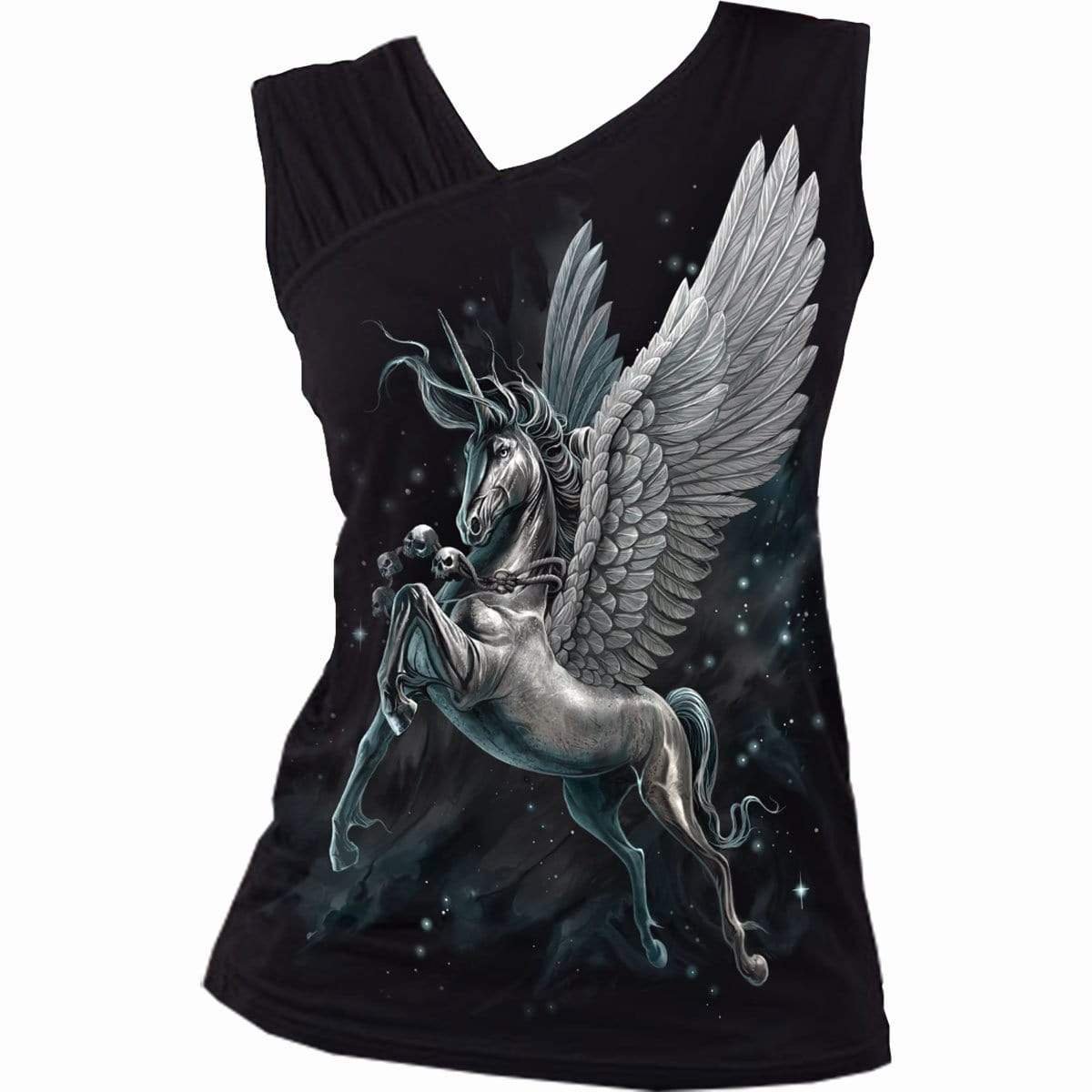 Spiral direct unicorn celestial womens Gathered Shoulder Slant Vest Black new