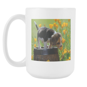 Puppy and flowers double sided 15 ounce coffee mug