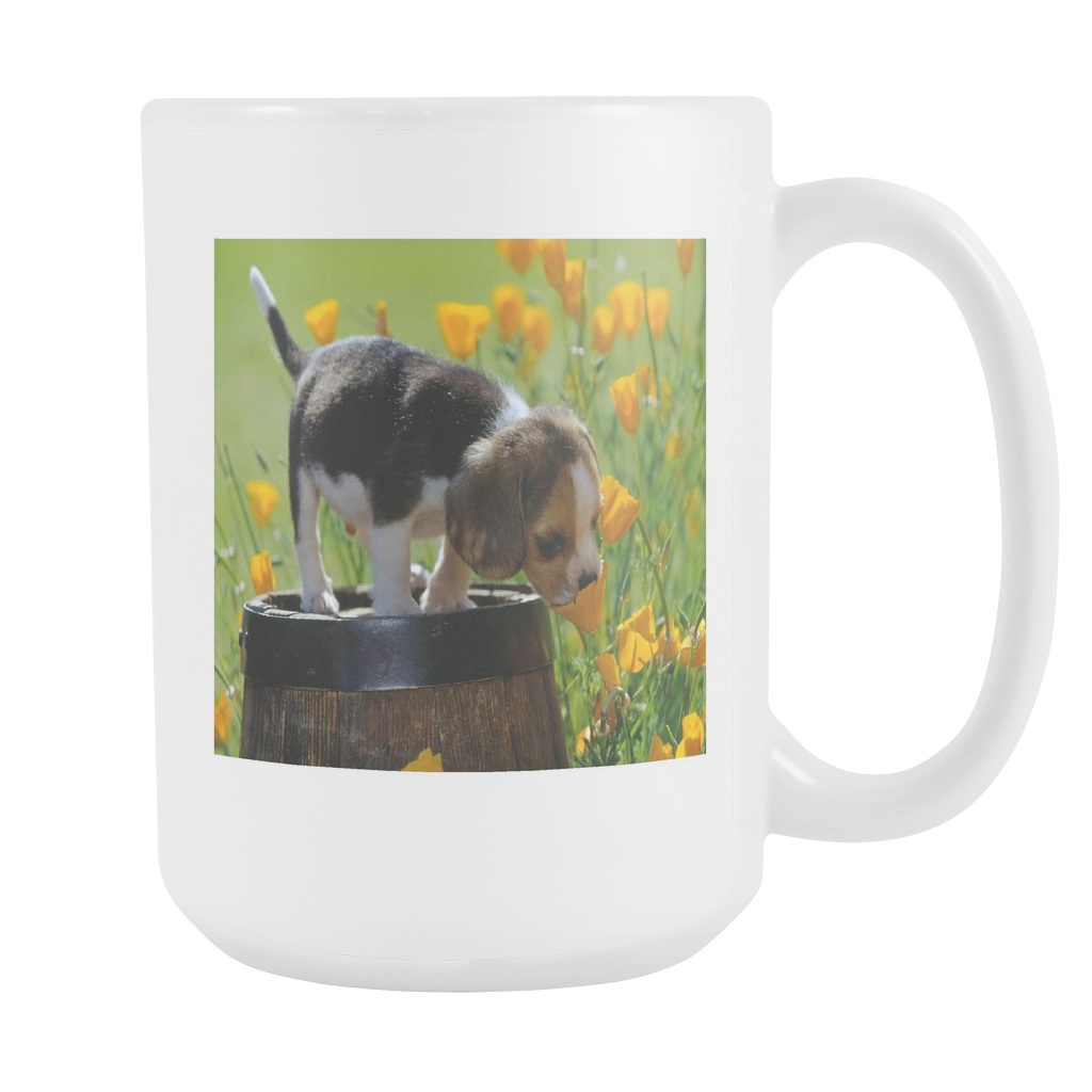 Puppy and flowers double sided 15 ounce coffee mug