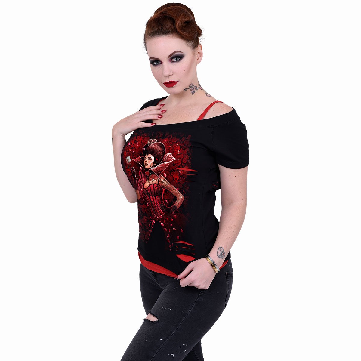 Spiral direct queen of hearts 2 in 1 red ripped top black new with tags