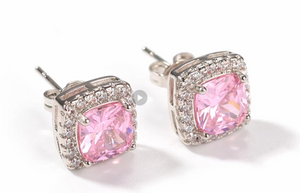 Ice Out Baguette CZ Stud Earrings - Pink Stone