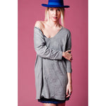 Gray long knit sweater with deep V neck