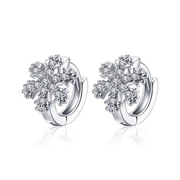 18k White Gold Plated Snow Flake Swarovski Huggie Earrings