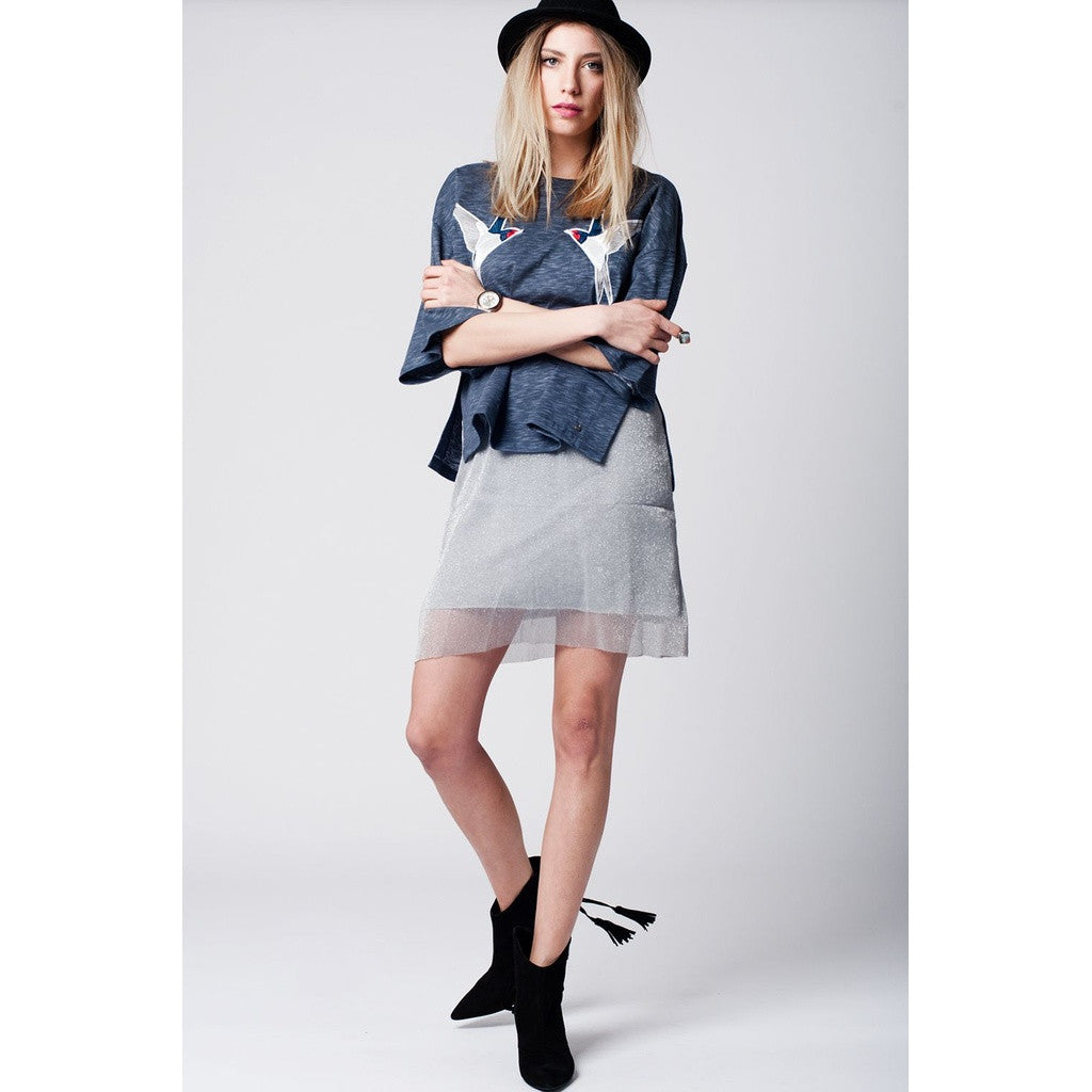 Dark grey top with Bird Embroidery on the front