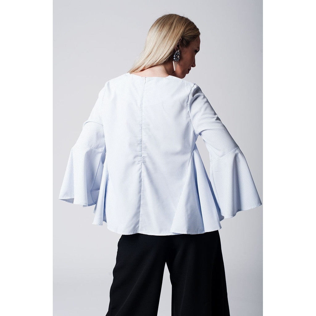 Blue pinstripe top with fluted sleeves