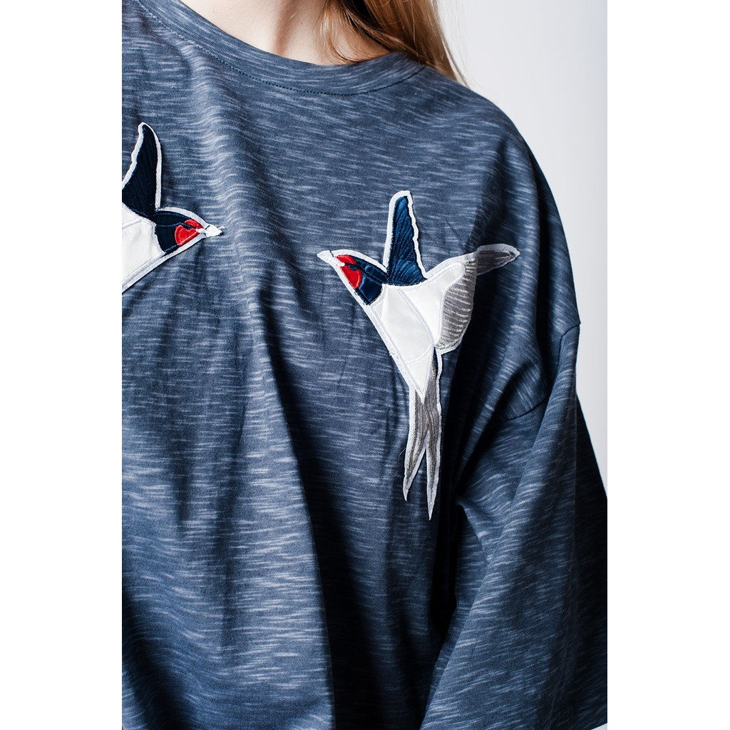Dark grey top with Bird Embroidery on the front