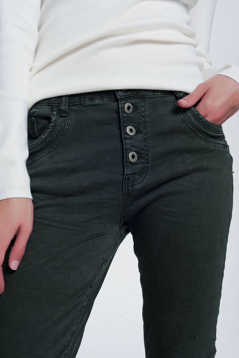 Khaki Jeans With Button Closure