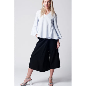 Blue pinstripe top with fluted sleeves