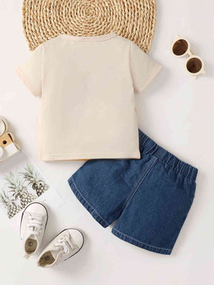 KEEP RUNNING Round Neck Tee and Denim Shorts Set