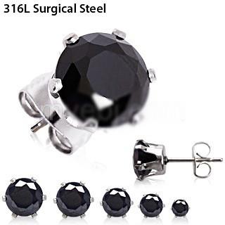 Pair of 316L Surgical Steel Black Round CZ Stud Earrings