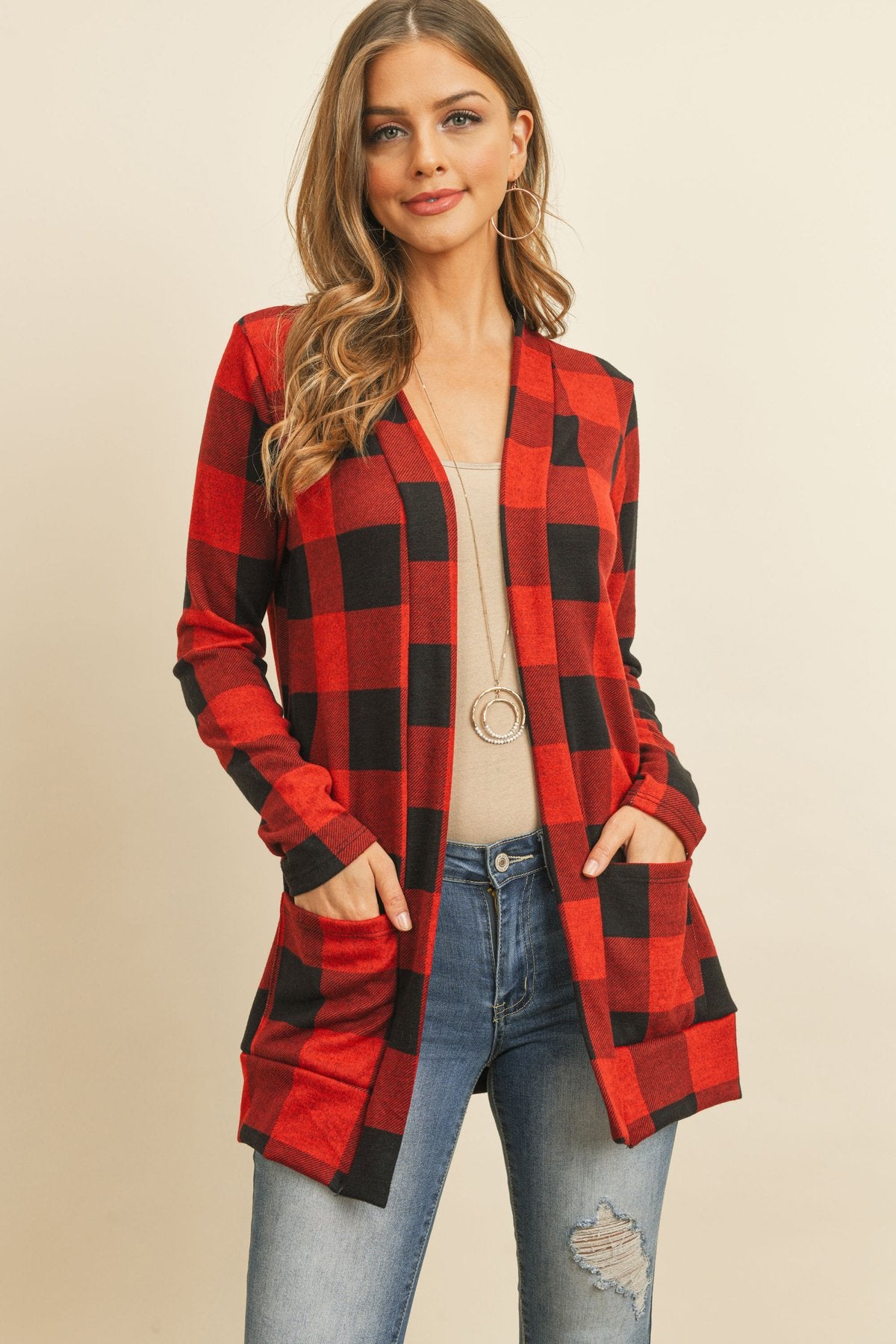 Plaid Long Sleeved Front Pocket Open Cardigan