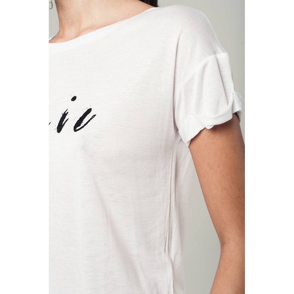 White t-shirt with glitter text message
