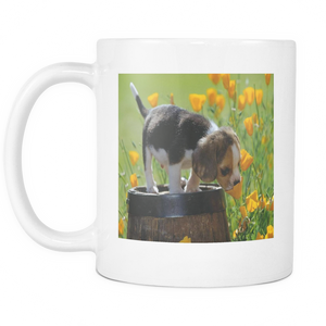 Puppy and Flowers double sided 11 ounce coffee mug