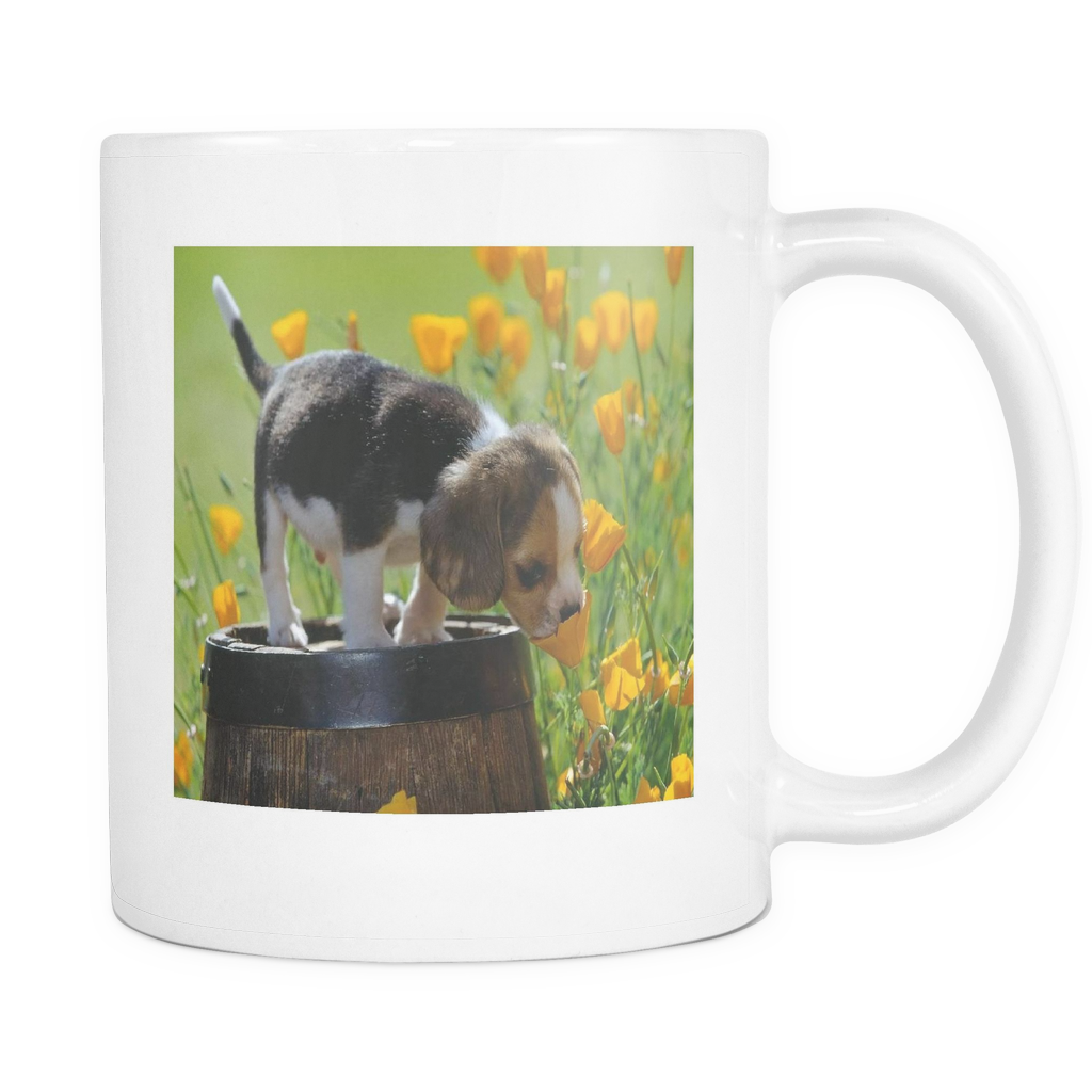Puppy and Flowers double sided 11 ounce coffee mug