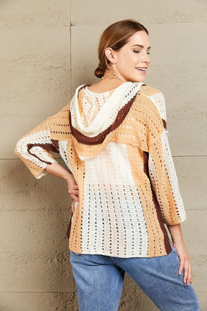 Woven Right Color Block Openwork Hooded Sweater