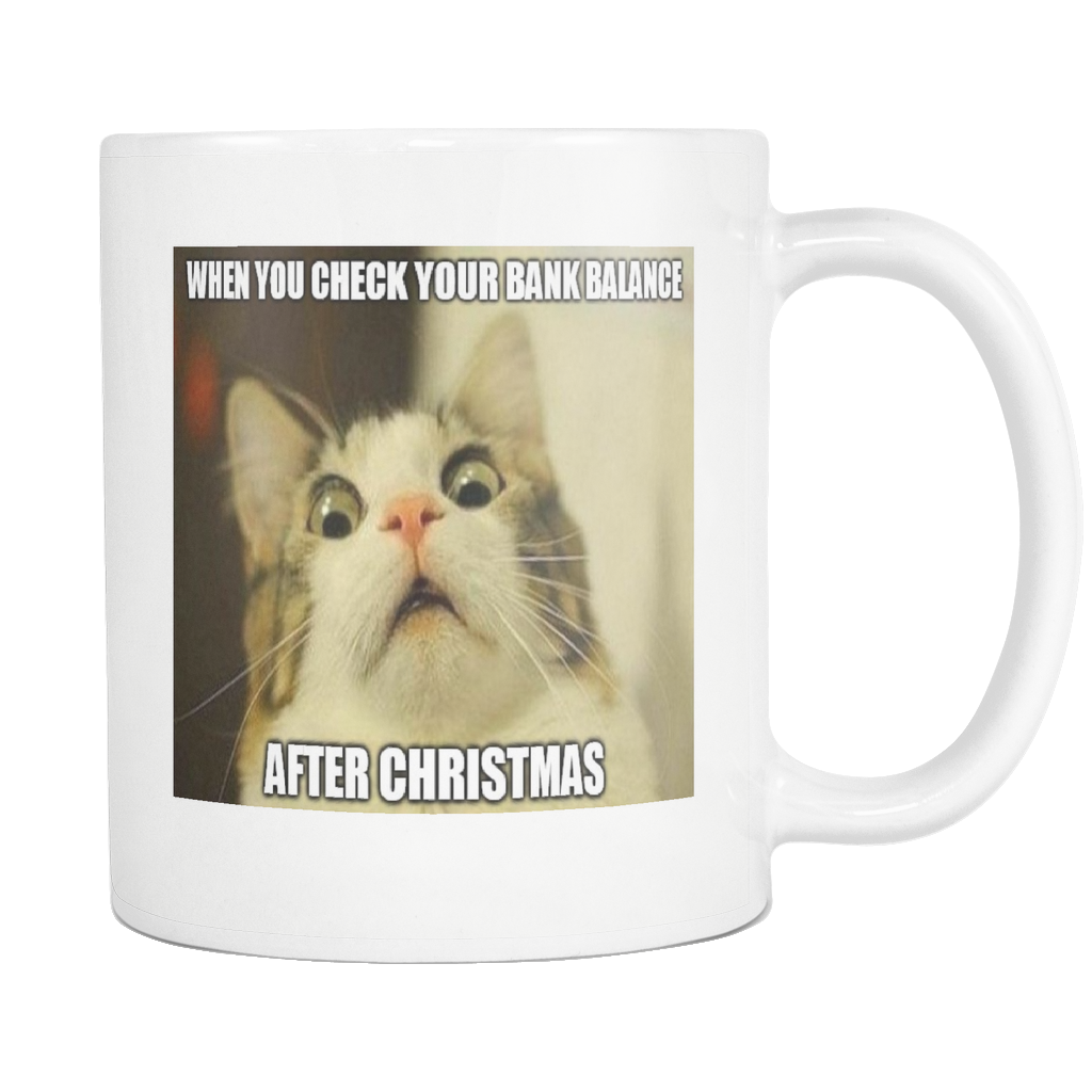 Christmas aftermath cat meme on 11 ounce coffee mug