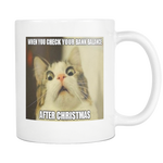 Christmas aftermath cat meme on 11 ounce coffee mug