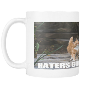 CAT MEME HATERS DESIGN ON 11 OUNCE COFFEE MUG