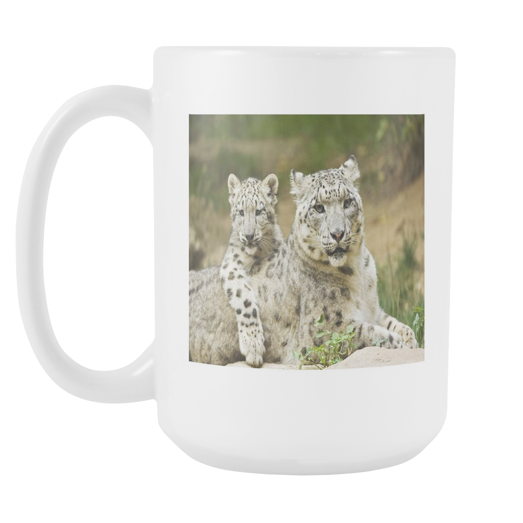 Snow leopard family double sided 15 ounce coffee mug
