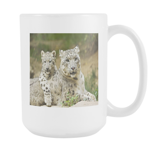 Snow leopard family double sided 15 ounce coffee mug