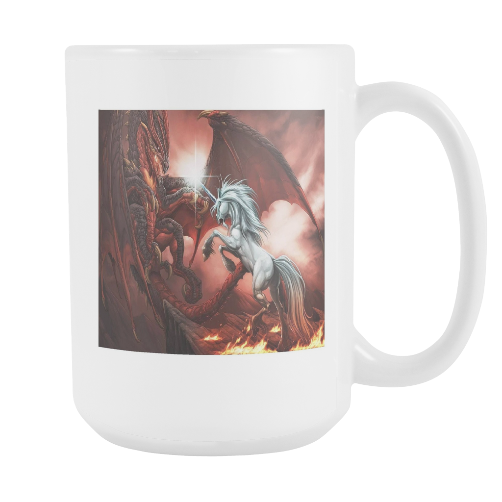 Fantasy Dragon vs Unicorn double sided 15 ounce coffee mug